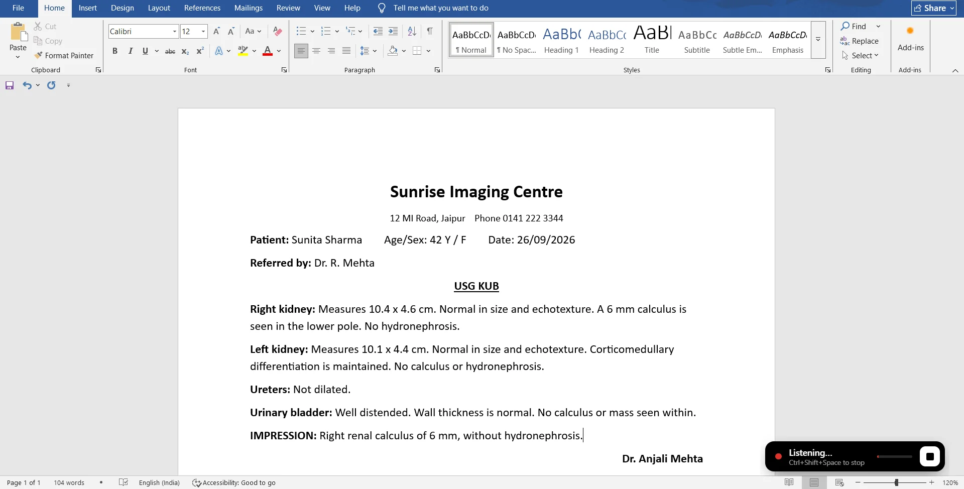 An ultrasound KUB report in MS Word. The right kidney finding and the impression were dictated with USGScribe, and its Listening panel shows in the corner.